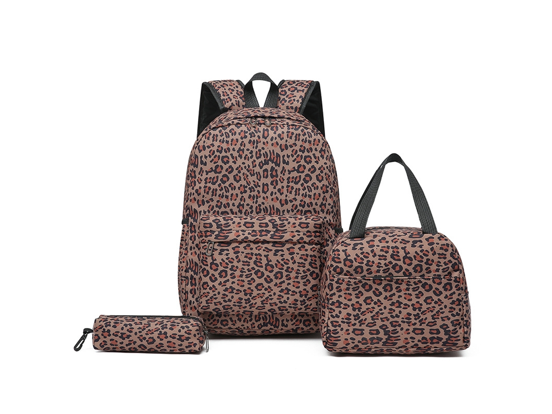 Conjunto De Três Peças De Mochila De Estampa De Leopardo Com Lancheira E Estojo, Adequado Para Uso Escolar Diário Marrom