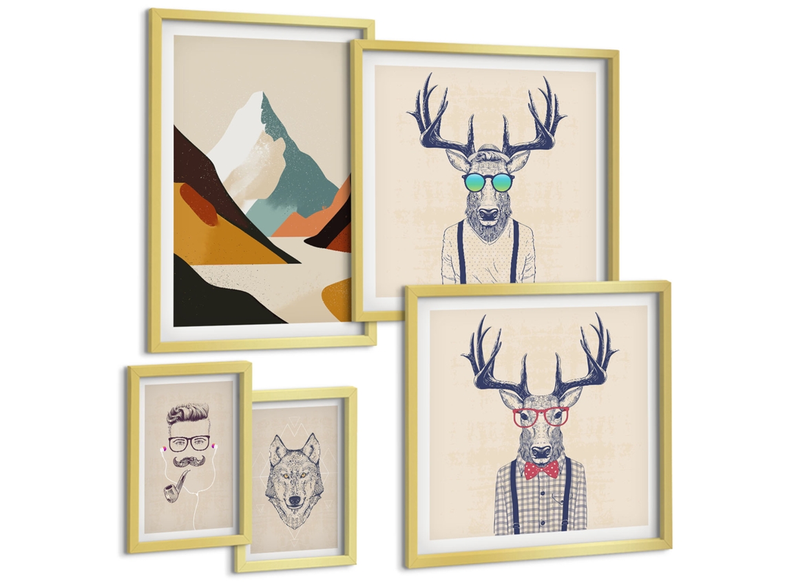 Composição De Quadros Na Parede Montanhas E Cidades Coloridas Moldura Dourada Quadros Para A Sala De Estar Espelharte (conjunto De 5 Imagens)