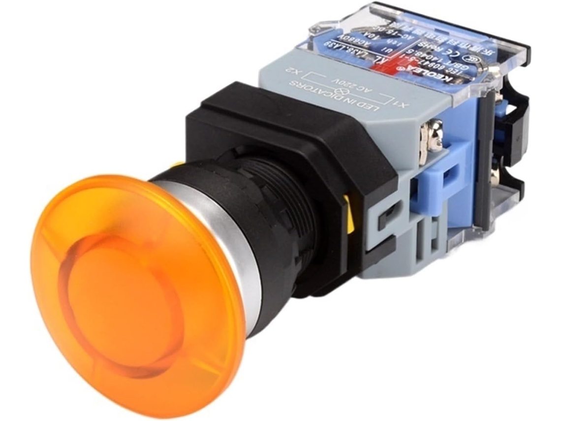 Botão De Pressão Iluminado La38 22mm Com Trava Automática E Reset Plano, 24 220v, Vermelho E Verde, Botão Tipo Cogumelo