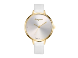 Relógio de Pulso Feminino Analógico de Quartzo com Pulseira Pu Clássico Simples Branco