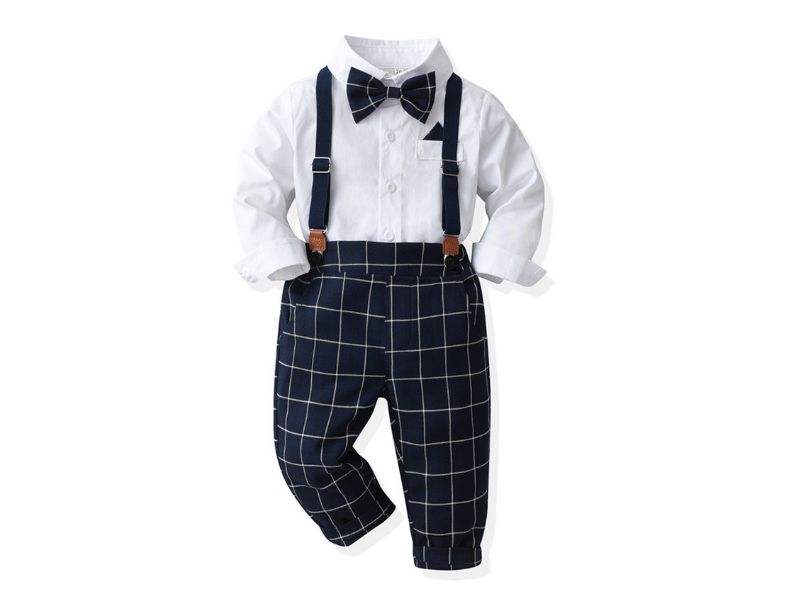 Roupas de Natal Camisa de Algodão Primavera e Outono Conjunto de Calças Suspensas para Bebê 80