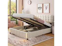 Cama com Arrumação 140x190, Sistema Hidráulico, Led, Sem Colchão, Bege, MDF SIMURQ