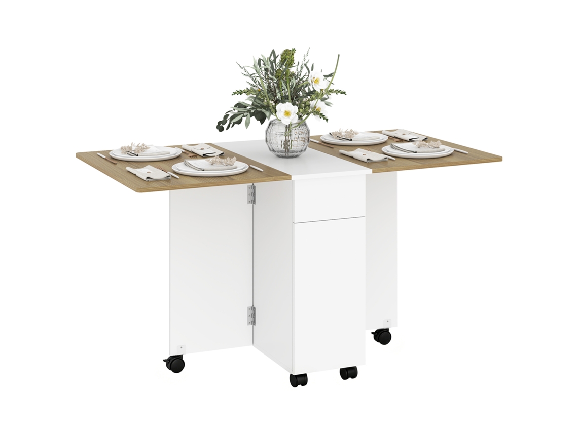 Mesa Retangular Extensível Com Duas Gavetas E Um Armário Em Madeira, 140x76x74 Cm, Branco E Tom Madeira