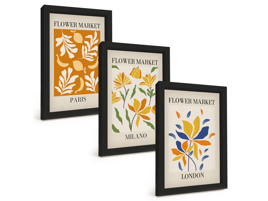 Conjunto De Pinturaspôsteres Florais Paris Milão Londres Moldura Preta Quadros Para A Sala De Estar Espelharte (3 Peças 20x30 Cm)