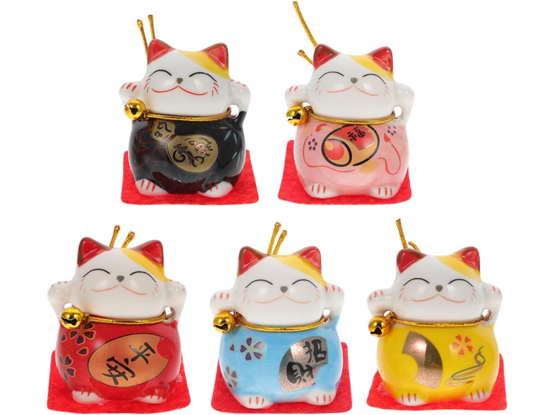 Conjunto 5 Peças Enfeites Mascote Estilo Japonês Porcelana Branca Tecido Decoração Criativo Adorável Gato Mesa GOKOCO