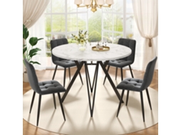 Conjunto Jantar 5pç, Mesa Redonda 100cm Mármore + 4 Cadeiras Linho Cinza, Pernas Pretas. Cs