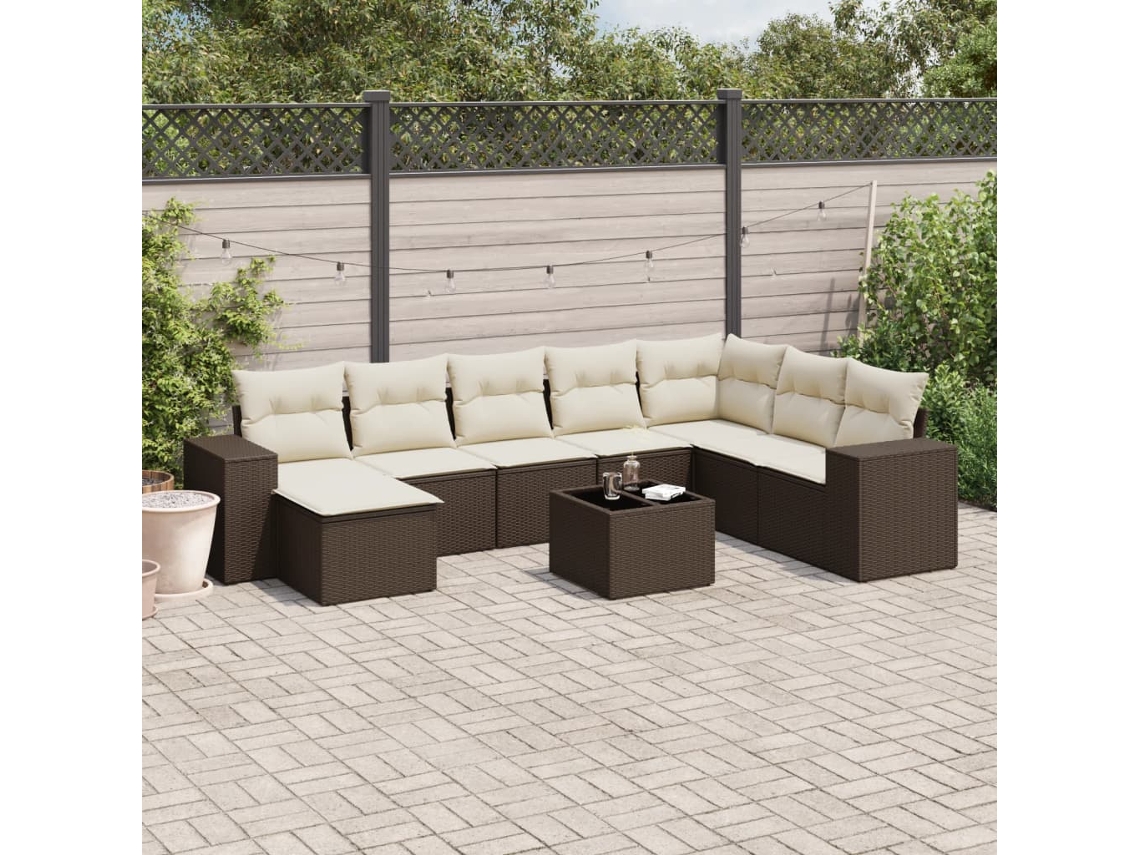 Vidaxl 9 Pcs Conjunto Sofás P/ Jardim C/ Almofadões Vime Pe Castanho