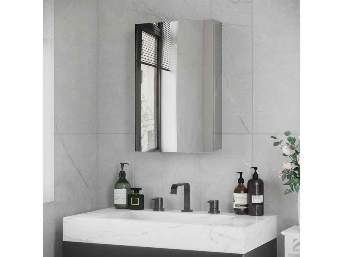 Armário C.banho C/espelho Parede C/porta e 3 Prat. Armazenamento para Duche 39x12x60cm Prata