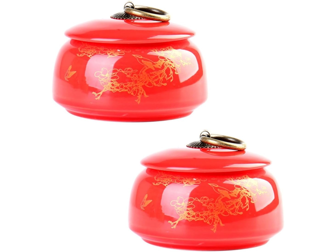 Conjunto De 2 Potes Cerâmica Vermelha Para Armazenar Chá E Frutas Secas, Com Tampas Herméticas E Design Ecológico Para