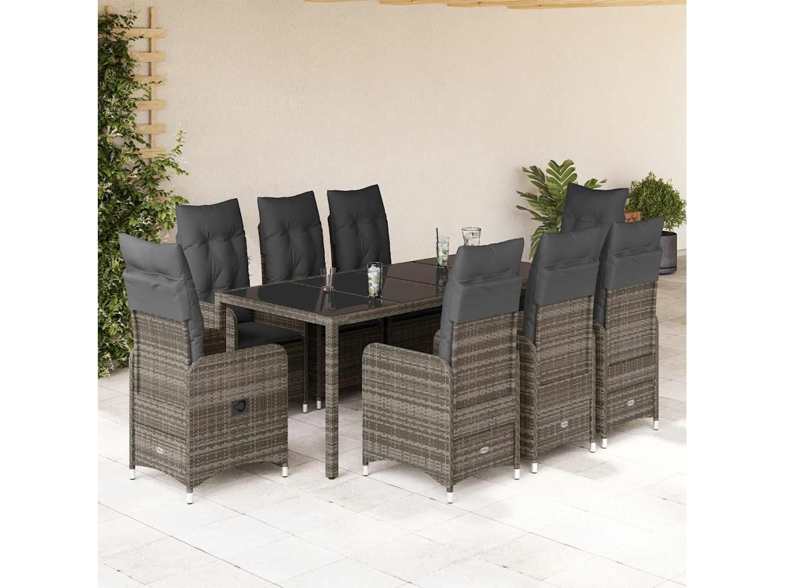 Conjunto 9 Peças Bistrô De Jardim C/ Almofadões Vime Pe Cinzento Dkd Home Decor