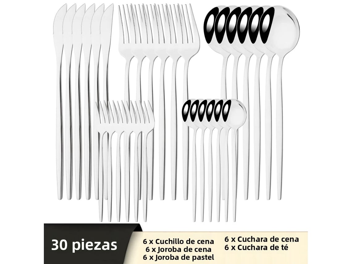 Conjunto de Talheres de Aço Inoxidável com 30 Peças: Faca, Garfo, Colher, Talheres e Utensílios de Prata. MDUG (prateado)