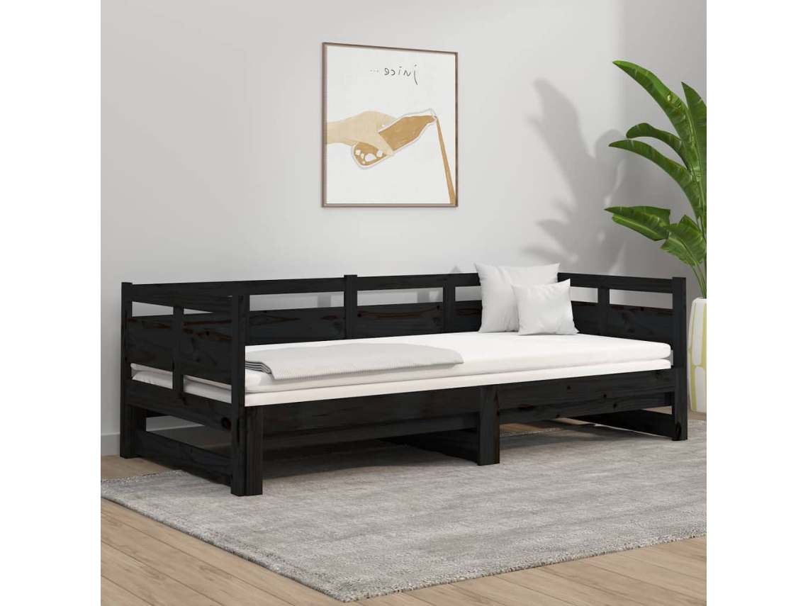 Sofá-cama De Puxar Pinho Maciço Preto 2x(80x200) Cm
