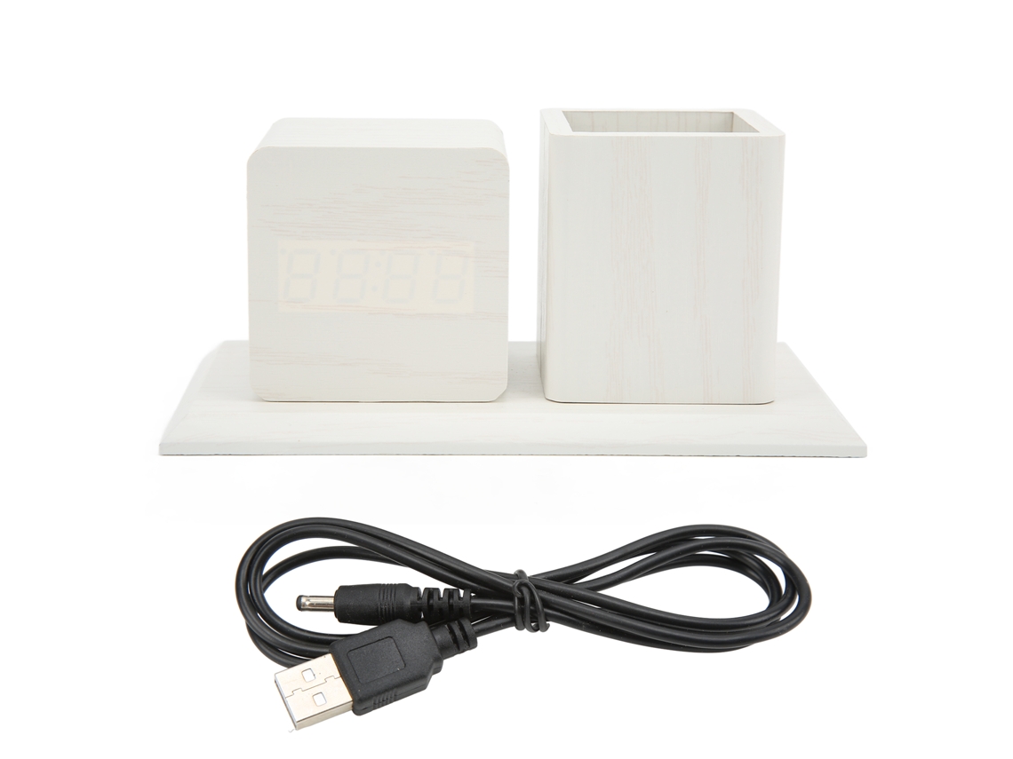 Reloj Alarma Digital Con Porta Plumas, Termómetro, Calendario Y Control Por Voz Led Luz Blanca Madera Blanca 3 Niveles Brillo
