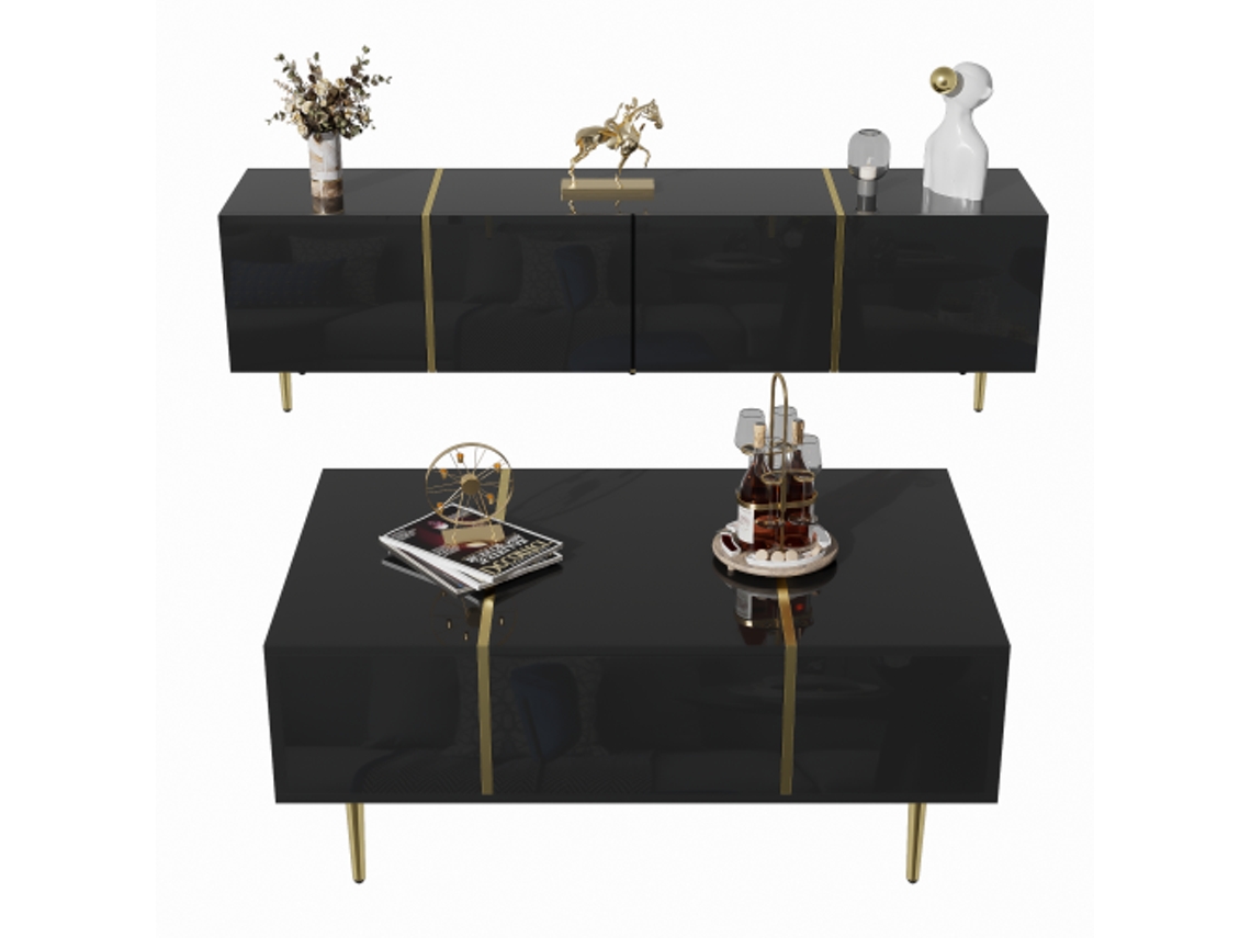 Conjunto Moderno De Armário De Tv E Mesa De Centro Em Preto Brilhante Hvorstur