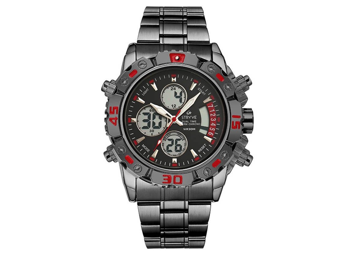 Relógio Eletrônico Multifuncional Masculino MDUG em aço inox com movimento duplo, à prova d'água e luminoso (preto e vermelho)
