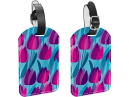 Conjunto De 2 Etiquetas Bagagem Em Imitação Couro Roxo Com Estampa Folhas Azuis