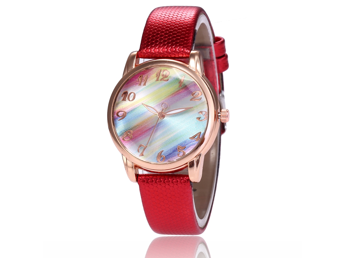 Relógio de Pulso Feminino de Quartzo com Corrente Pu e Mostrador Redondo Vermelho