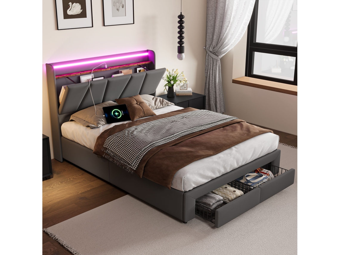 Cama Estofada, Cama Com Gavetas 140x190 Cm, Cinzento,com 2 Gavetas,led