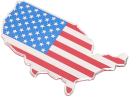 Adesivo metálico para carro com a bandeira americana e o mapa de dois estados em vermelho e azul.