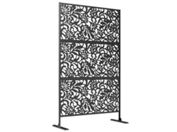 Painel De Privacidade Decorativo Exterior, Claustra Decorativa De Jardim, 3 Painéis Com Motivo Floral Em Aço, 122x45x198 Cm, Preto