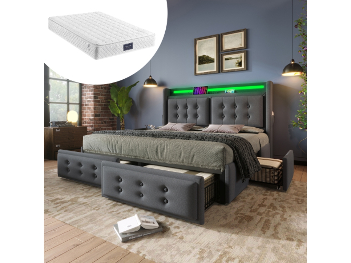 Cama Estofada 160x200, Cama De Casal Com Cabeceira Led E Função De Carregamento Usb C E 4 Gavetas, Camas De Arrumação Com Estrutura De Ripas De Madei