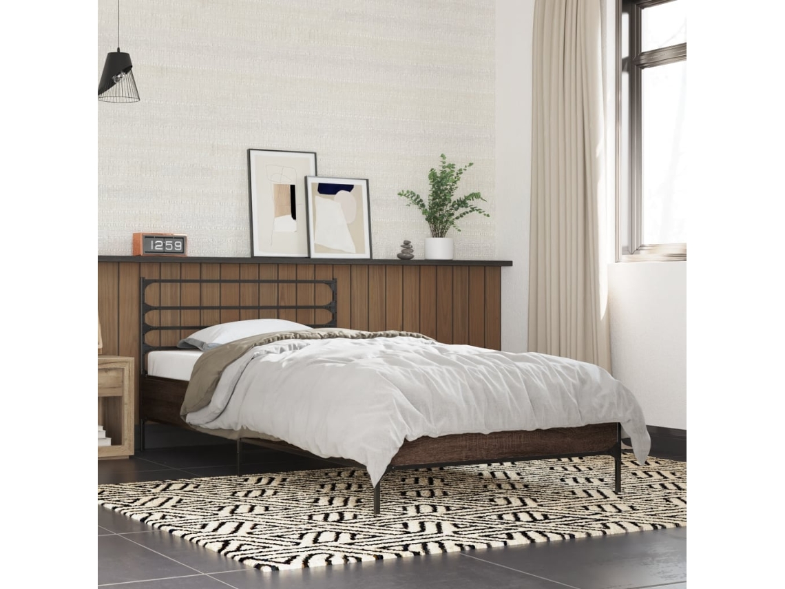 Cama De Solteiro | Camas Para Quarto | Estrutura De Cama Derivados De Madeira/metal Carvalho Castanho