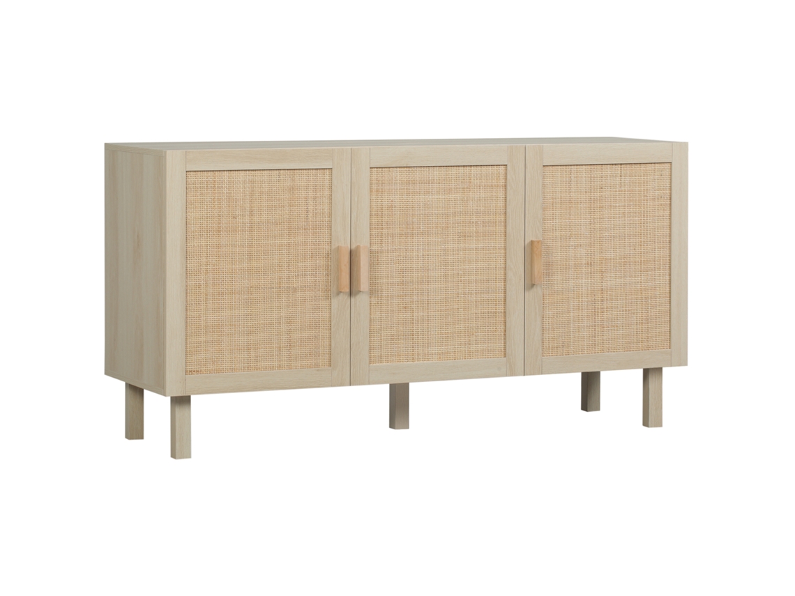 Aparador Meuble De Arrumação Armário 3 Portas Avec Prateleira Ajustável Effet Cannage Style Bohème 136 X 41 X 70 Cm