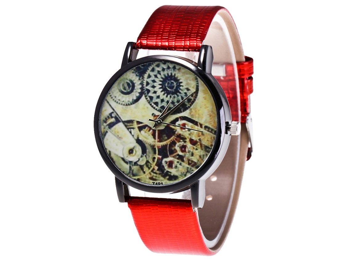 Relógio de quartzo moderno com pulseira de couro PU, mostrador redondo, para casais (vermelho)