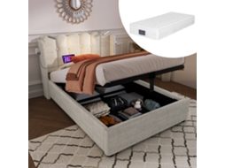 Cama Solteiro Natural 90x200cm Estofada, Linho, Led Leitura, Usb (c/ Colchão).-op