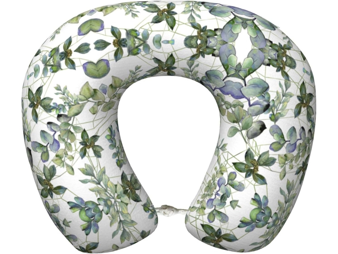Travesseiro de Viag em Espuma Viscoelástica com Folhas Eucalipto Verde Suporte para o Pescoço 100 % Poliéster