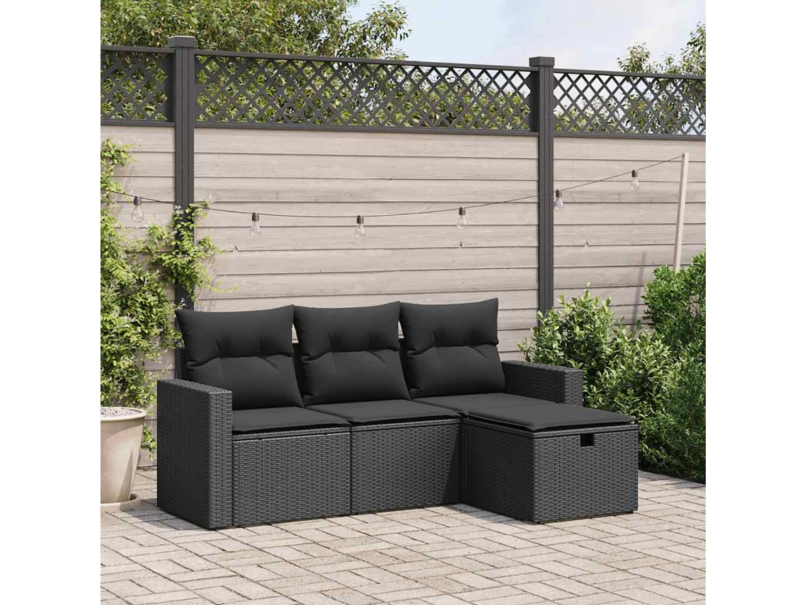 Vidaxl 4 Pcs Conjunto De Sofás Para Jardim C/ Almofadões Vime Pe Preto