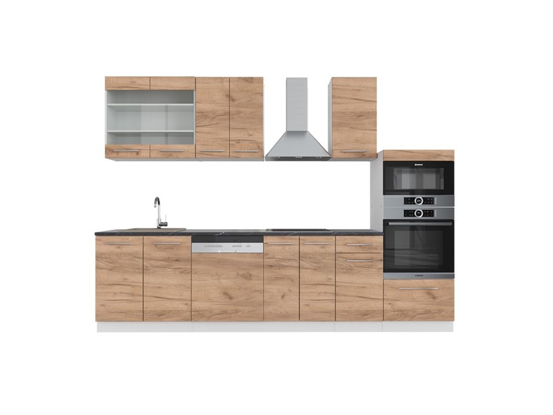 Cozinha Fame-Line, 300 cm com armário alto, PT Antracite, Carvalho dourado/branco, Vicco