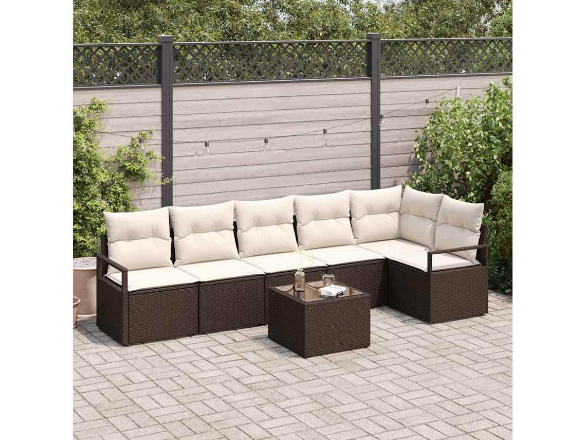 Vidaxl Conjunto De Sofá De Jardim 7 Unid. Marrom E Creme Vime Pe