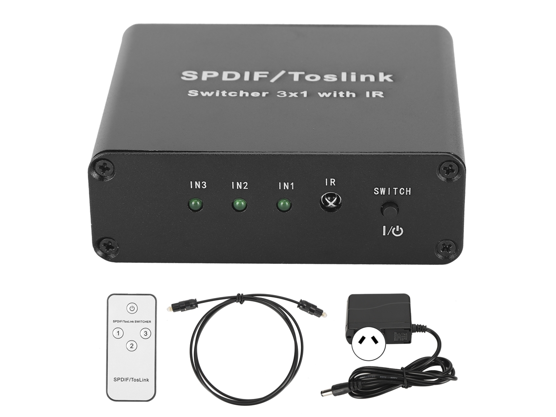 Comutador Spdif para Toslink 3x1 com Controle Remoto, 3 Entradas e 1 Saída, Plugue 100v 240vau CHABERLU