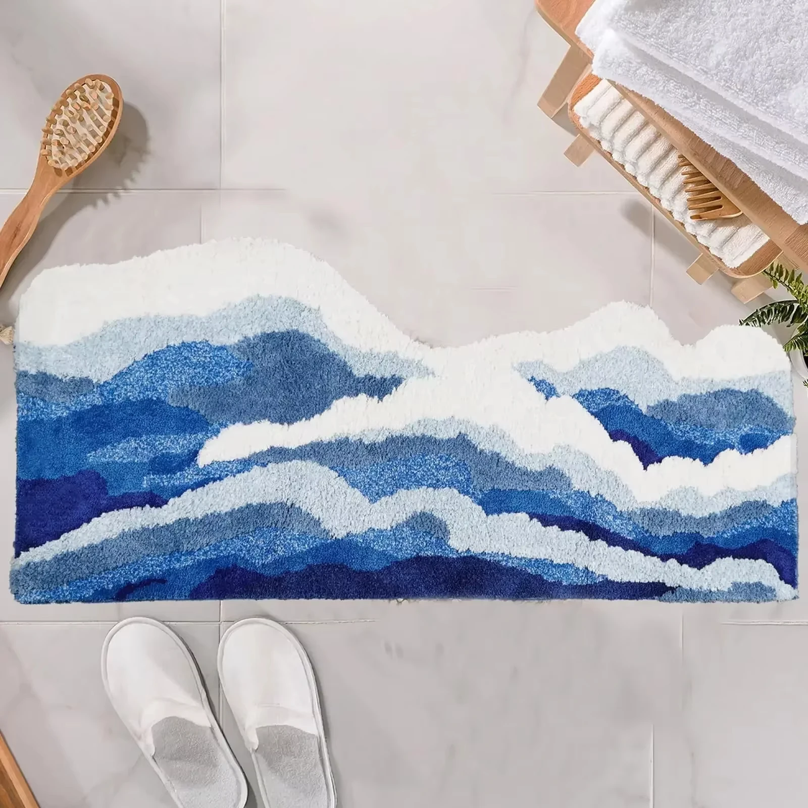 Tapete De Banheiro Tufado Com Ondas Estéticas (50 X 120 Cm), Tapete De Veludo Azul Oceano