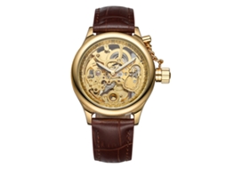 Relógio Mecânico Automático Masculino de Moda com Pulseira de Couro Pu (ouro+marrom Ouro)