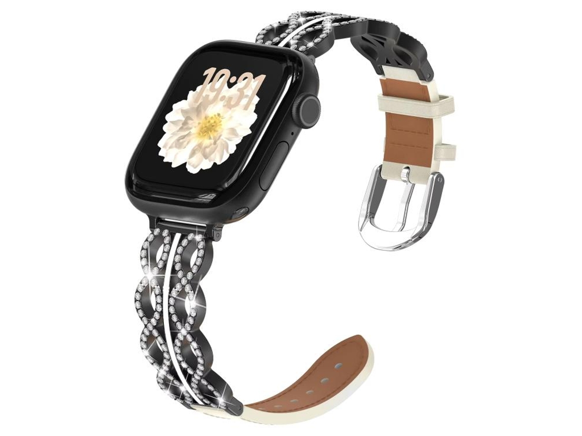 Bracelete para Apple Watch 42/41/40/38mm Híbrida: Aço Inoxidável com Diamantes e Couro Genuíno Preto + Branca XIAOMOYU