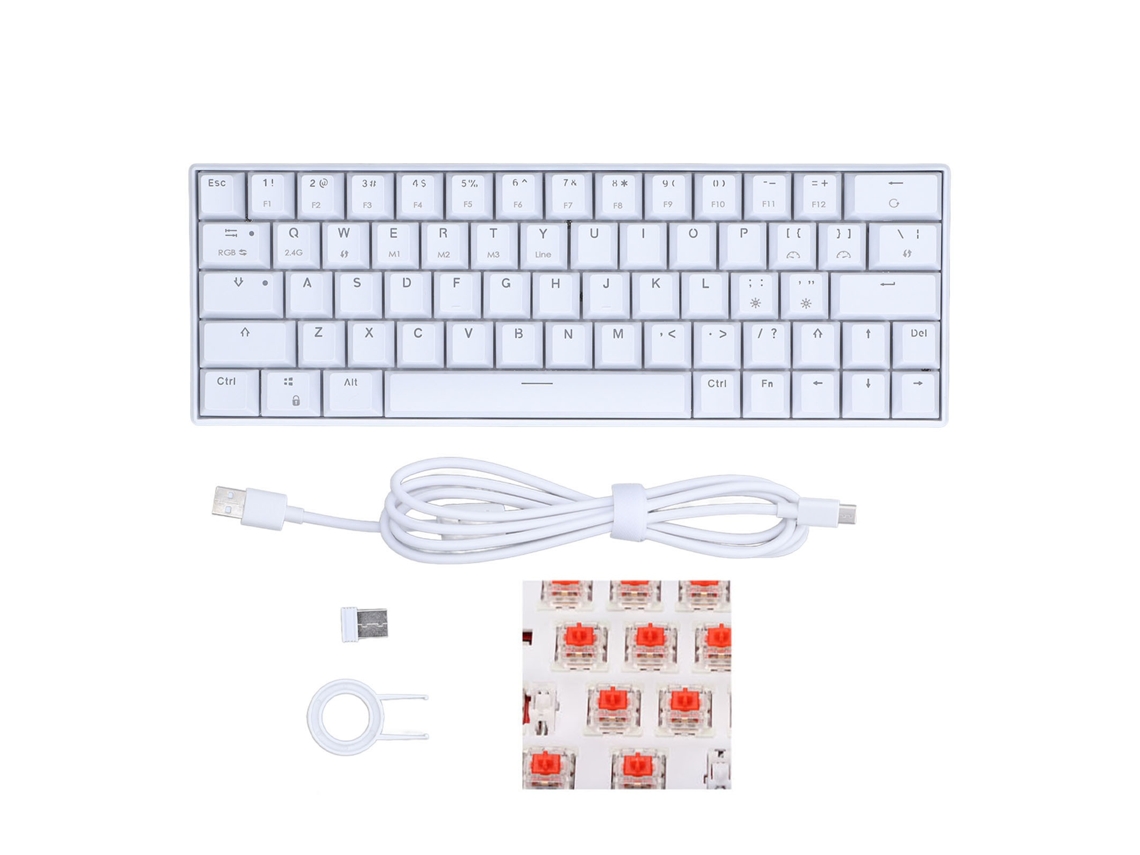 Lurelia Teclado Mecânico De 64 Teclas Rgb, Sem Fio 2.4g Bt3.0 5.0, Conexão Com Fio Tipo C, Design Ergonômico, Branco, Com Switches Vermelhos