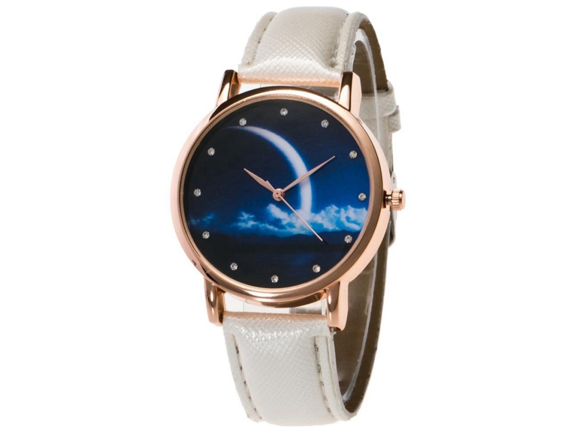 Relógio de pulso com mostrador de cristal com padrão de lua noturna cravejado de strass e pulseira de couro PU branca.