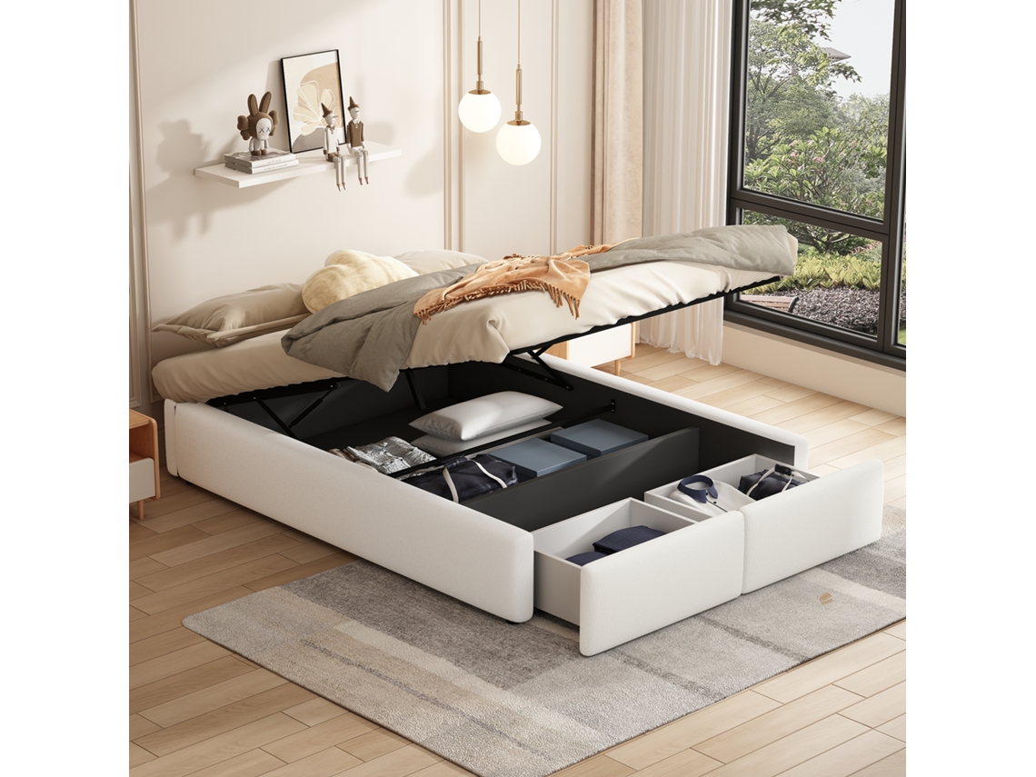 Cama Polster 140x200cm Sem Cabeceira Com Hidráulica E 2 Gavetas Branco