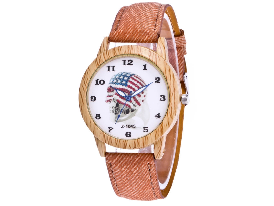 Relógio de pulso Zhoulianfa marrom claro com quartzo, pulseira de couro jeans e estampa de caveira.