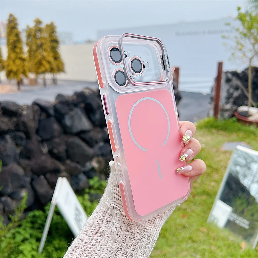 Capa Magnética Transparente Magsafe Para Iphone (iphone 16 Plus, Rosa) Com Protetor De Lente.