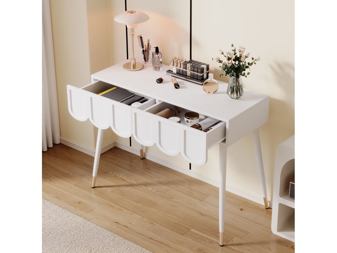 Mesa De Maquiagem Com 2 Gavetas,pés De Metal,branca,dimensões 100x40x76cm-mobiliário Elegante E Funcional