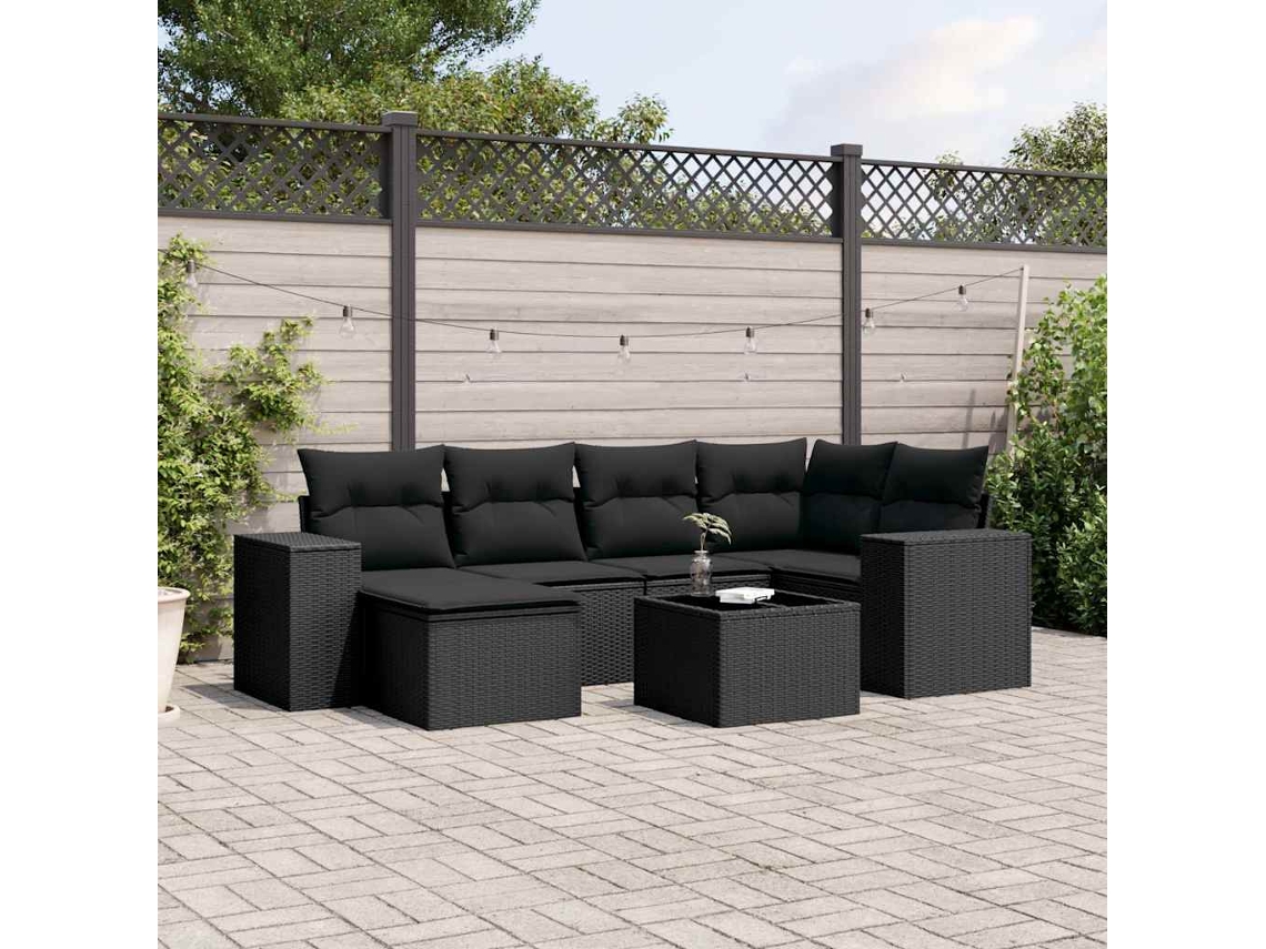 Vidaxl 7 Pcs Conjunto De Sofás P/ Jardim C/ Almofadões Vime Pe Preto