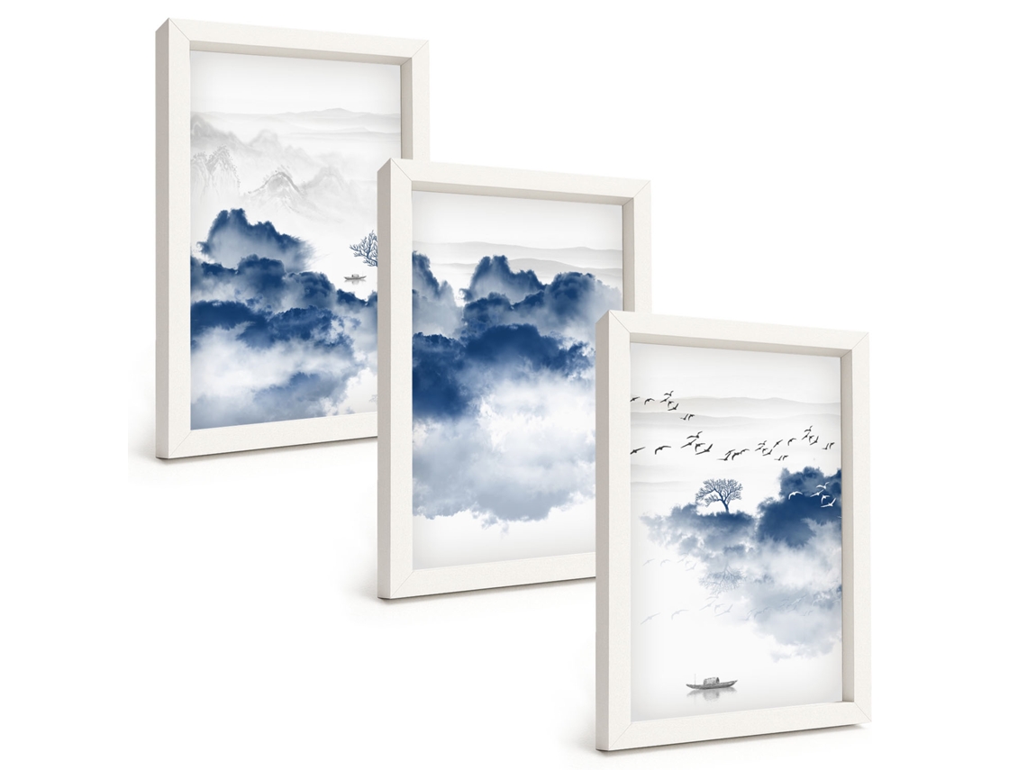 Composição De Quadros Na Parede Montanhas Nuvens Árvores Pássaros Moldura Branca Imagens Para Um Quarto Infantil Espelharte (3 Peças 20x30 Cm)