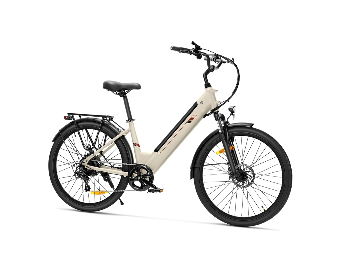 Bicicleta elétrica Touroll J2 St 26'' com motor de 250 W, autonomia de 100 km, bateria de 36 V e 15,6 Ah, câmbio Shimano de 7 velocidades.