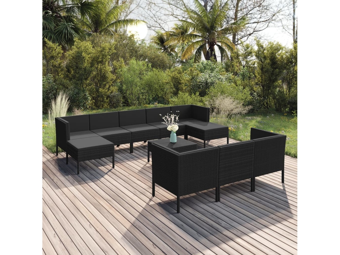 Vidaxl 11 Pcs Conjunto Lounge De Jardim C/ Almofadões Vime Pe Preto