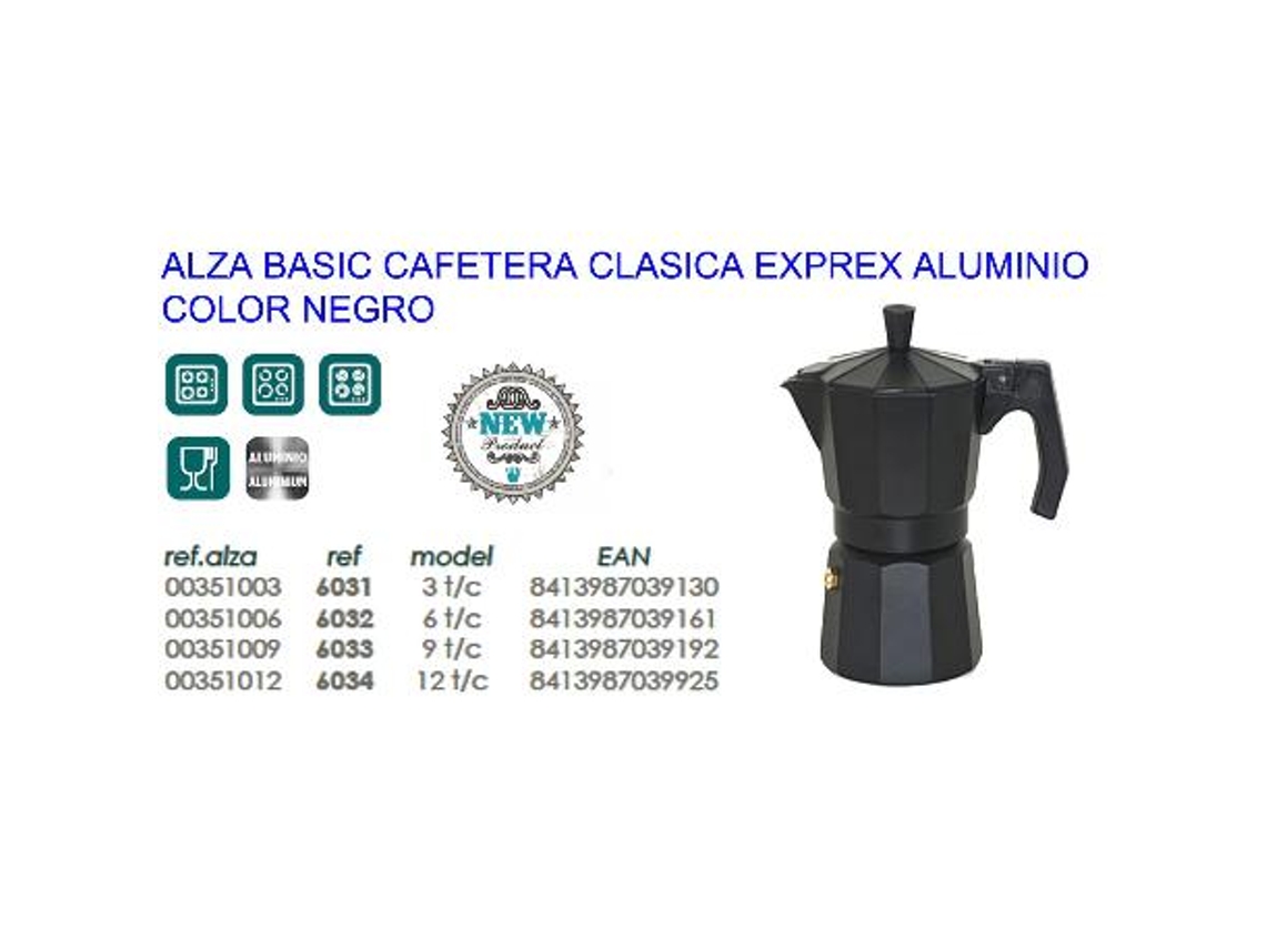 Alza basic cafetera clasica expres aluminio negra   6 tazas 6032