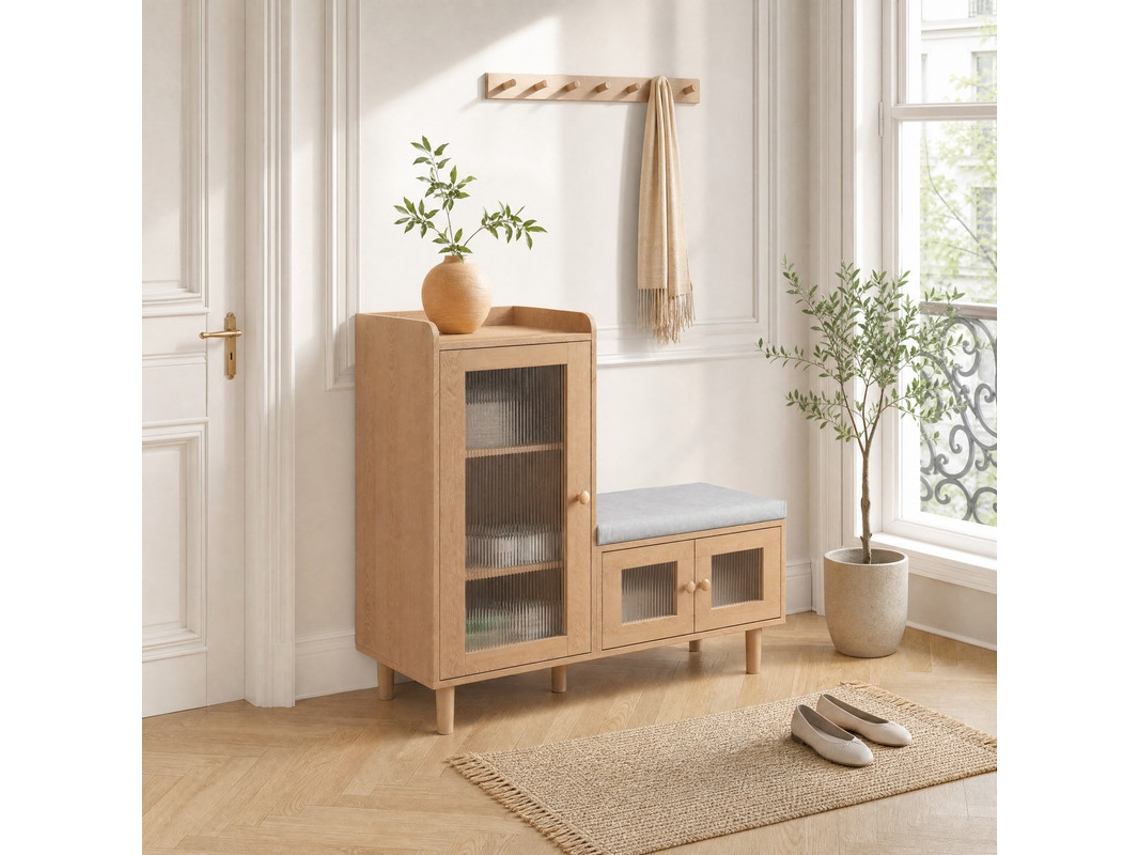Sapateira natural YCONE 100x35x90 cm com banco almofadado e portas de vidro