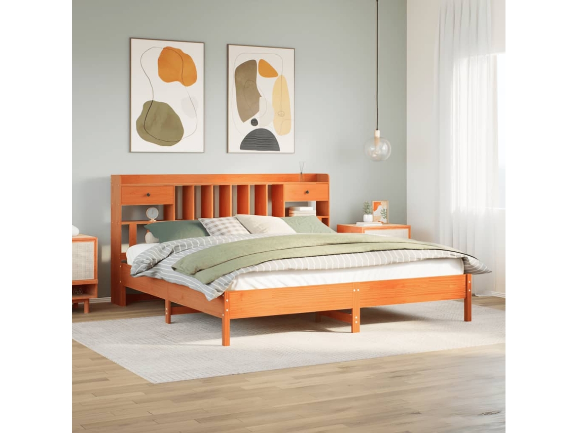 Cama Com Estante Sem Colchão 200x200 Cm Pinho Maciço